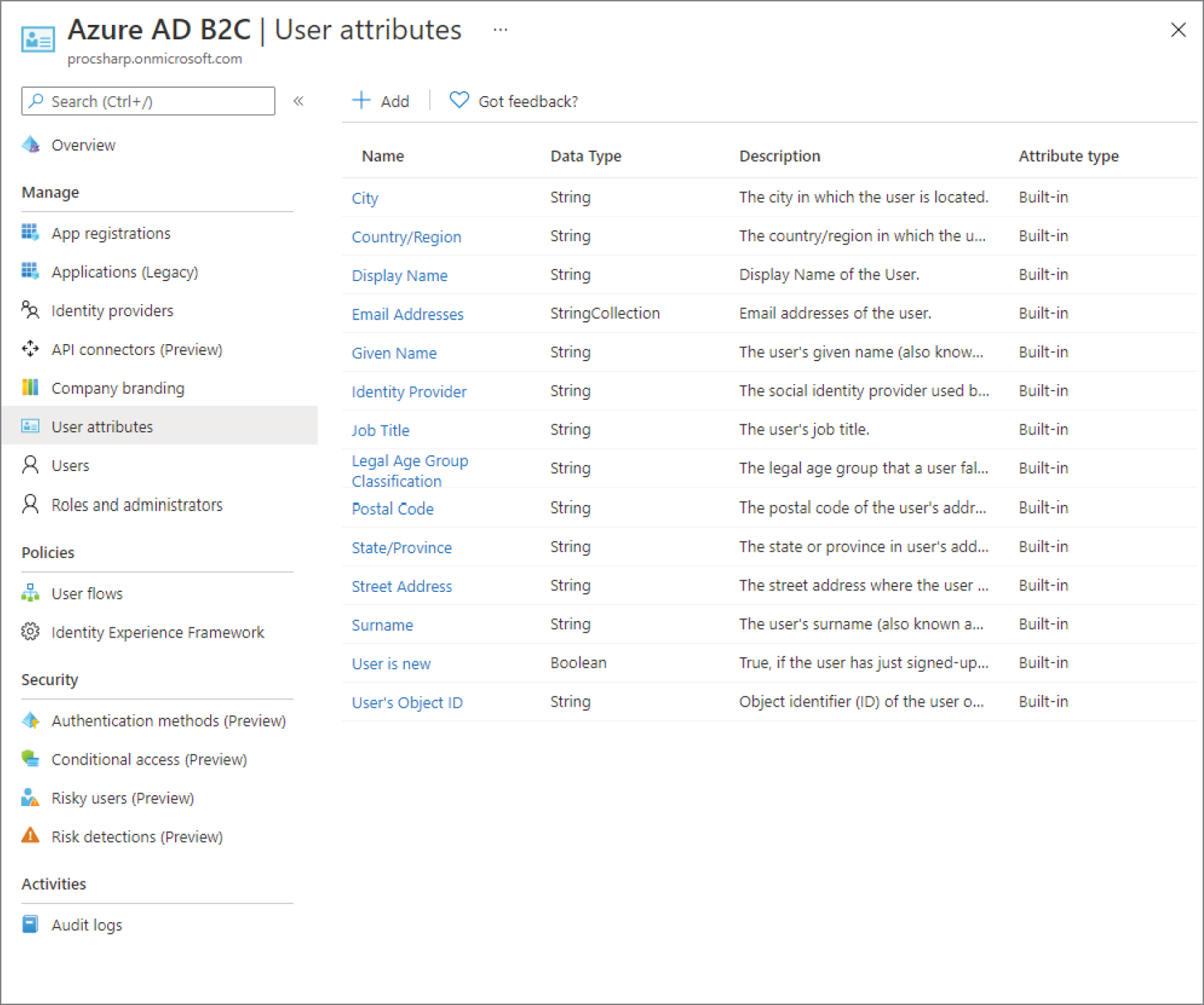 Snapshot shows the user attributes of azure AD.