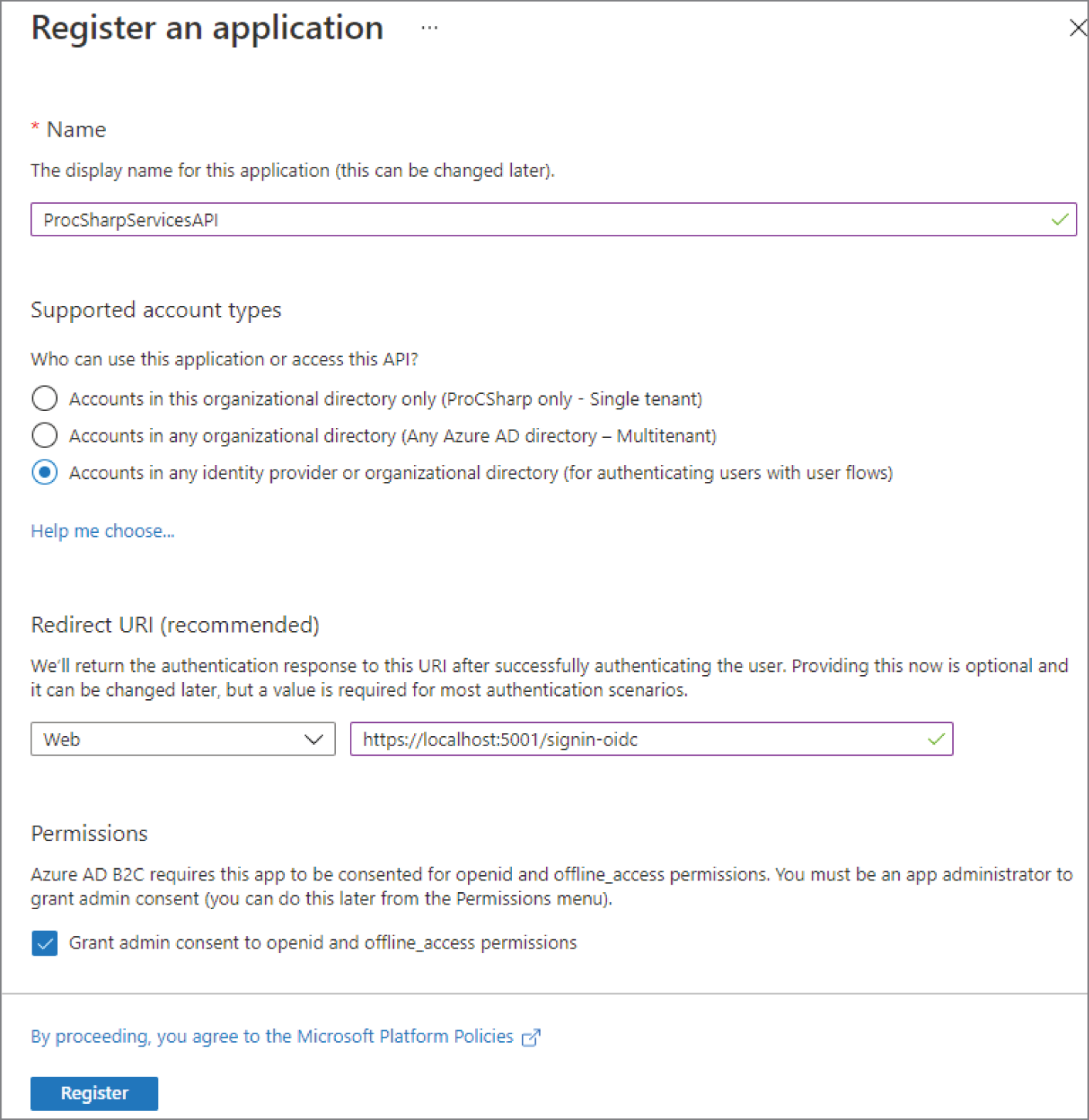 Snapshot of registering an application.