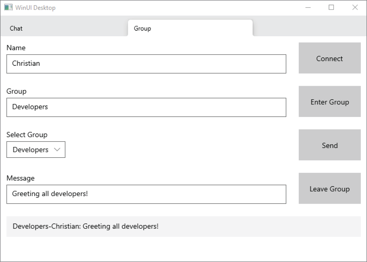 Snapshot of choosing name, group, and message.