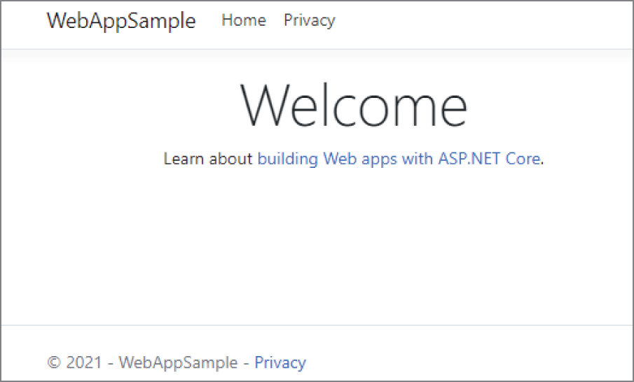 Snapshot shows welcome message for web app sample.