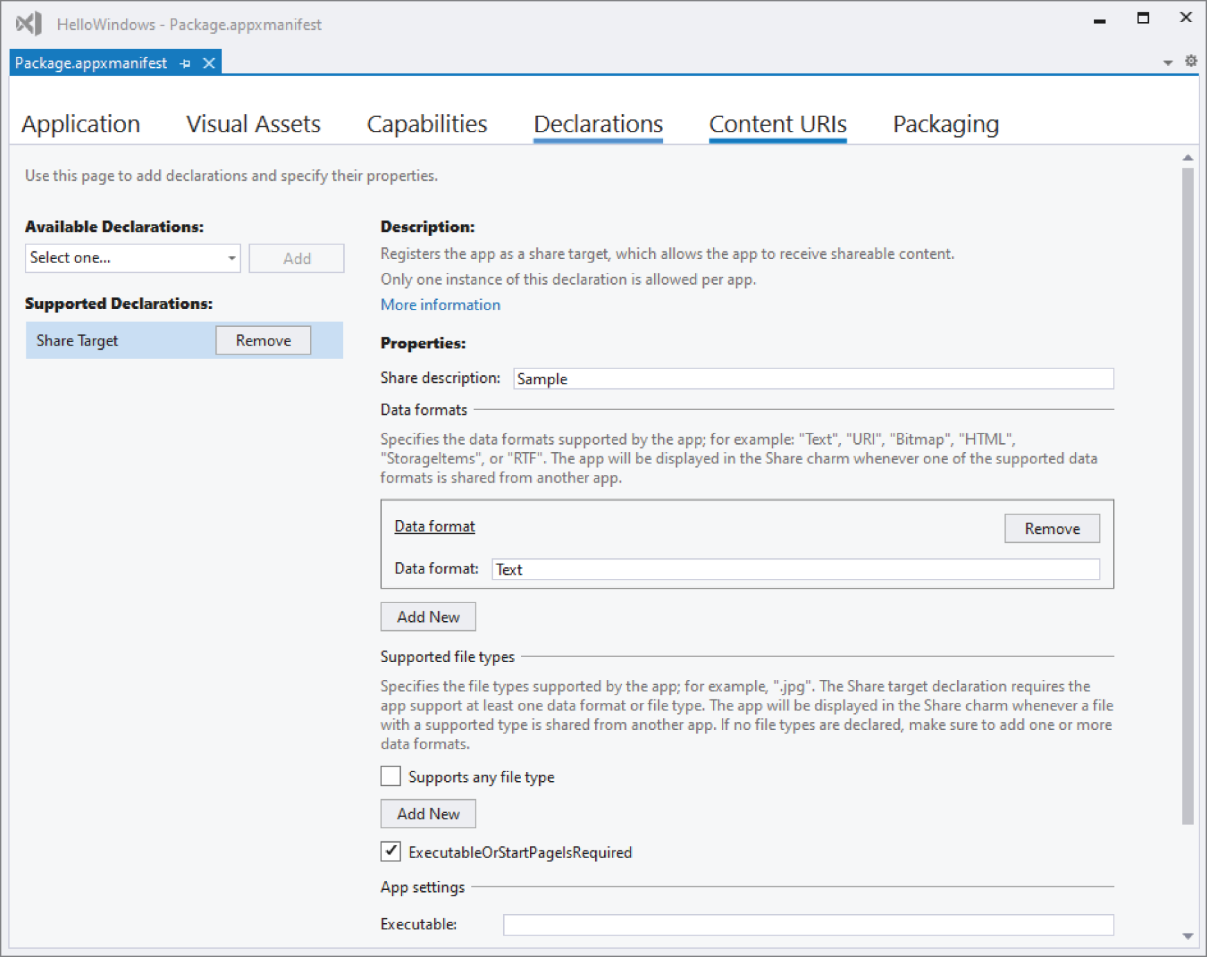 Snapshot of the declaration tab of the website.
