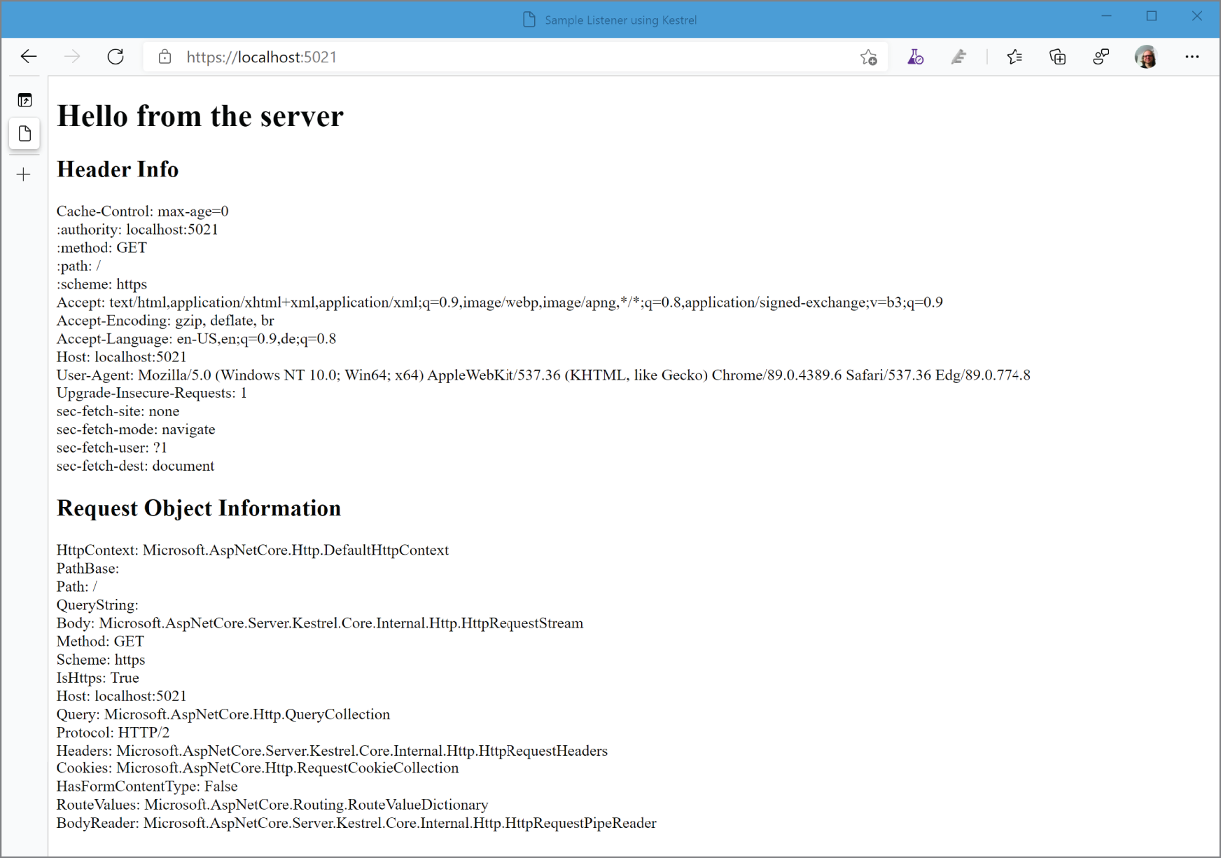 Snapshot of a webpage displays the header information and request object information.