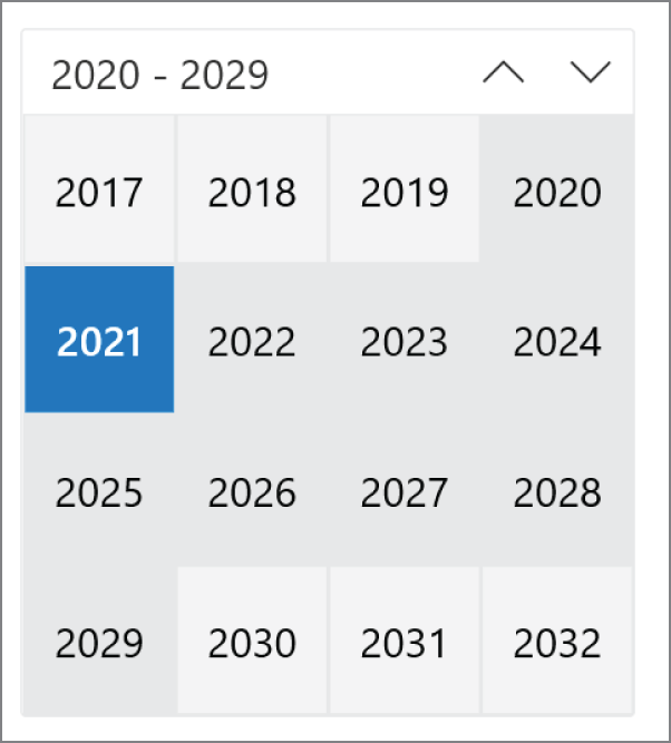 Snapshot shows a list of years from 20 20 to 20 29.