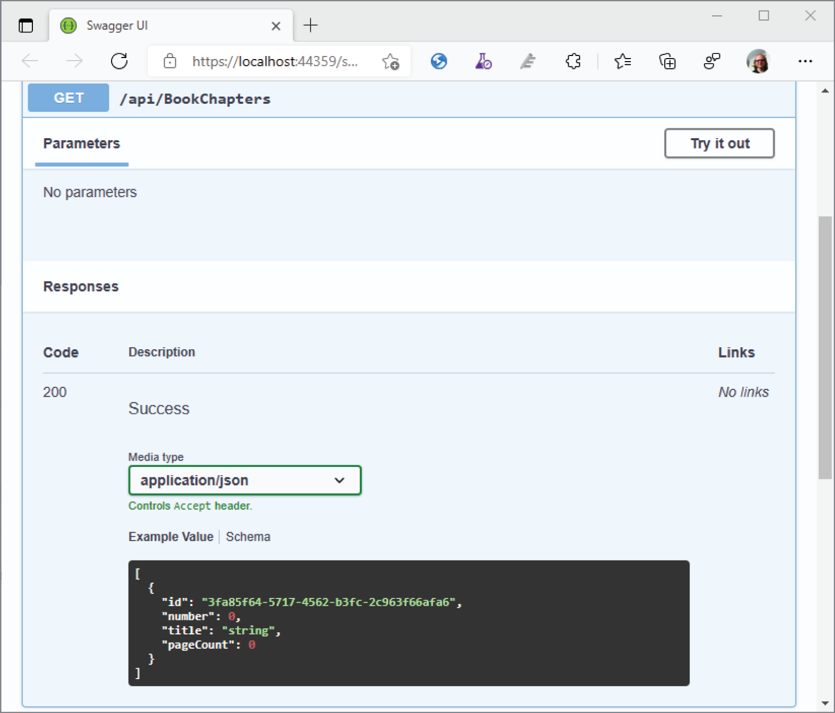 Snapshot shows the parameters and responses of Swagger User interface.