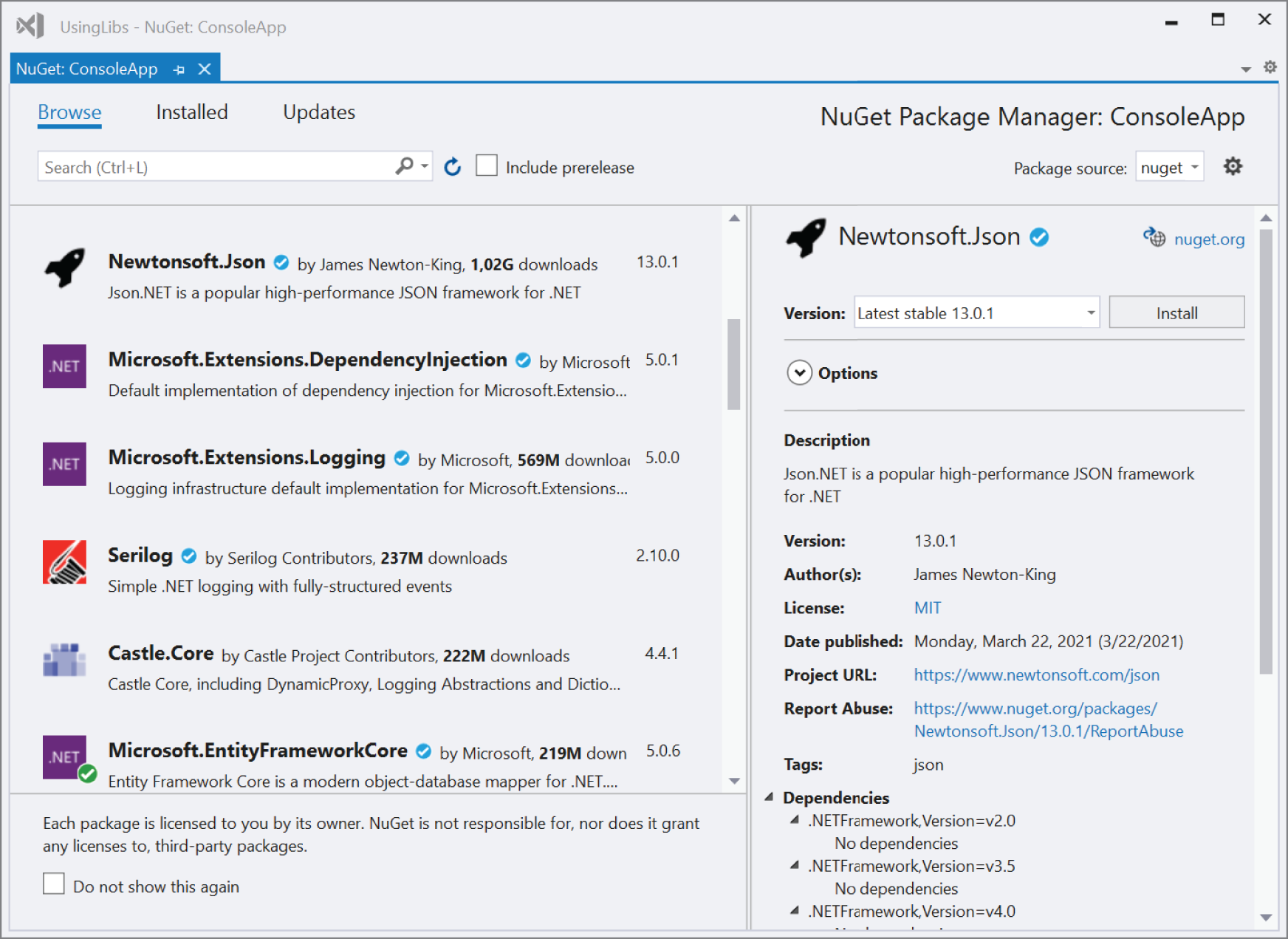 Snapshot of a window titled, UsingLibs - NuGet console app.