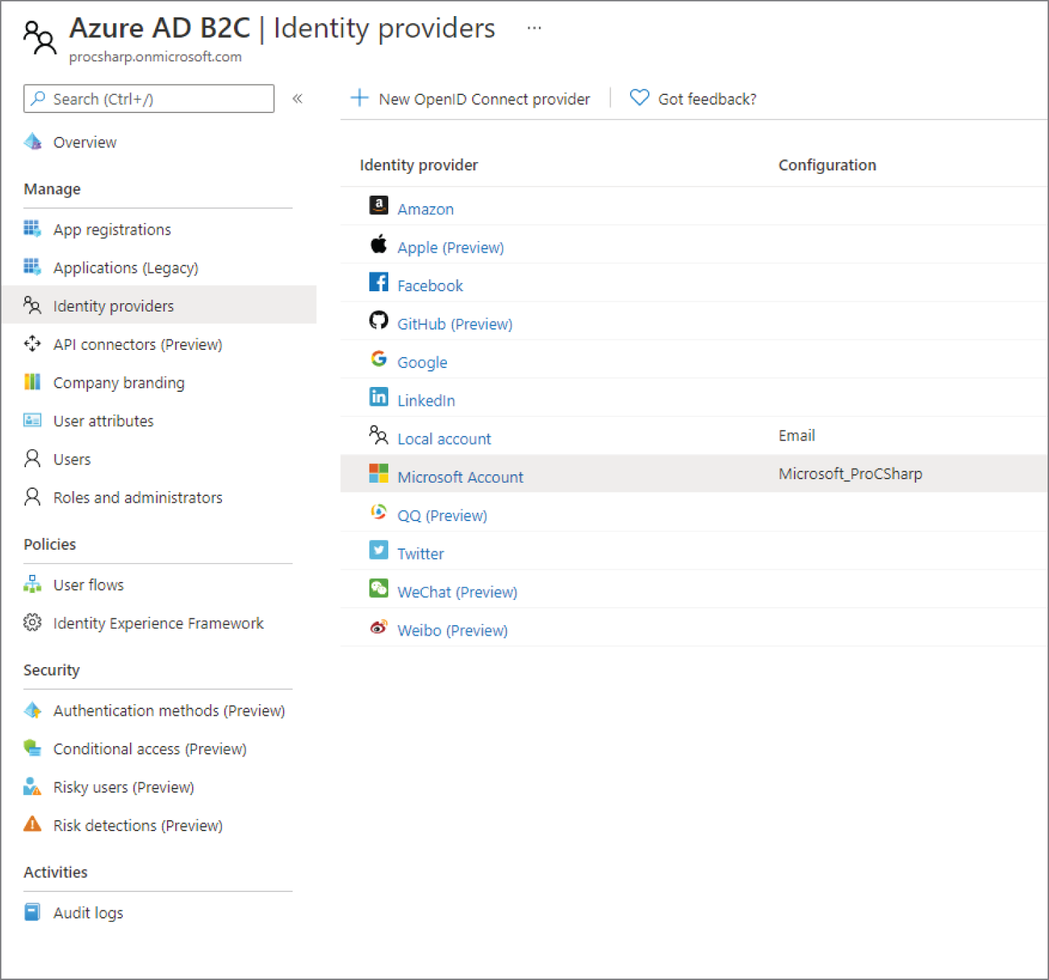 Snapshot shows the identity providers of azure.