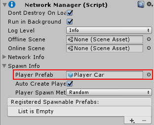 在 Network Manager 的 Player Prefab 字段中分配了“Player Car”预制件。