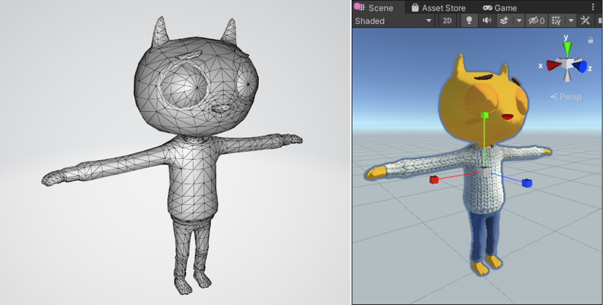 Left: A 3D polygon mesh for a player character. Right: The player mesh rendered in Tuanjie with materials