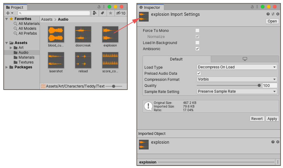 An Audio asset selected in the Project window shows the Audio import settings for that asset in the Inspector