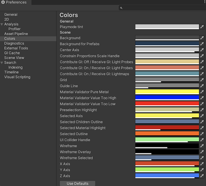 Preferences 窗口中的 Colors 范围