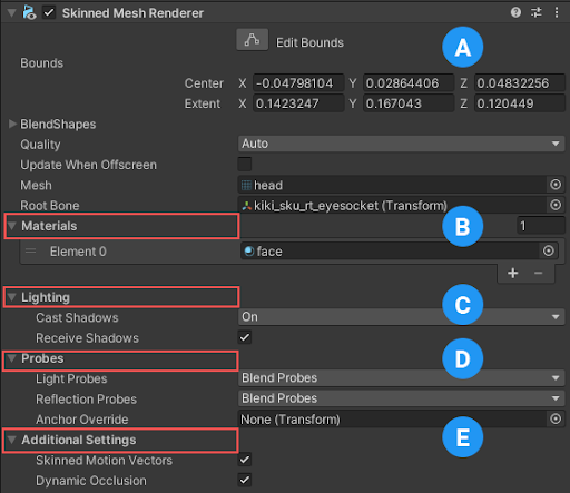 The Skinned Mesh Renderer component as it appears in the Inspector window.