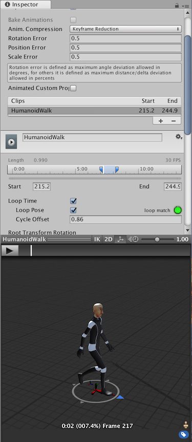 在 Unity 的 Inspector 窗口中查看导入动画剪辑的示例