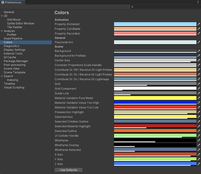 Preferences 窗口中的 Colors 范围