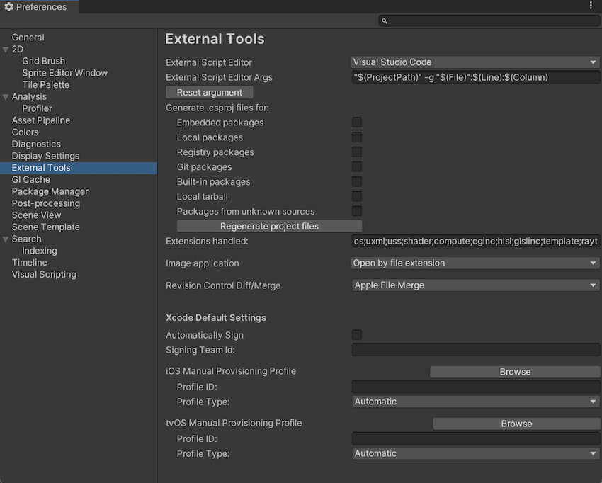 Preferences 窗口中的 External Tools 范围