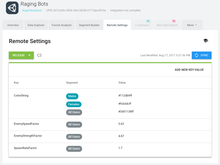 Raging Bots 游戏的 Analytics Dashboard 上的 Remote Settings 页面