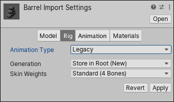 Import Settings 窗口上的 Rig 选项卡