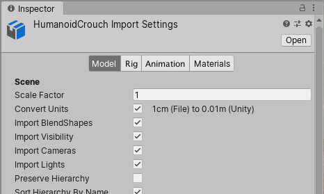 FBX Model Import Settings 窗口