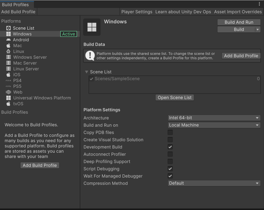 The Build Profiles window