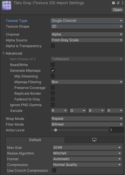 Properties for the Single Channel Texture Type