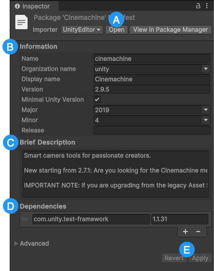 Inspecting a package manifest in the Editor