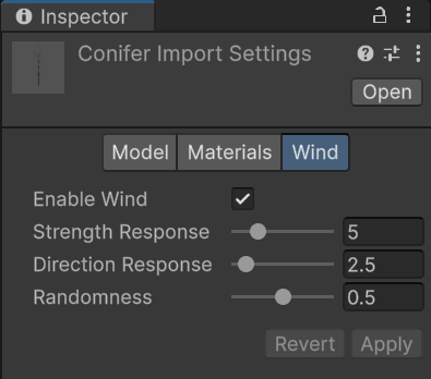 SpeedTree Importer Wind tab