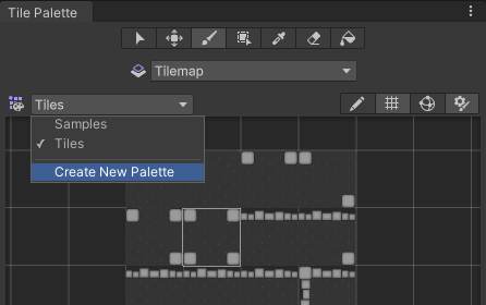 The Tile Palette window with Create New Palette selected in the Tiles dropdown.
