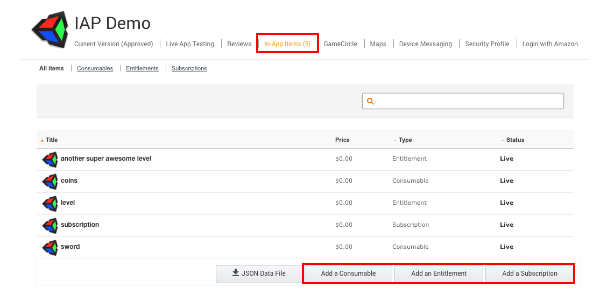 Amazon Developer Portal In-App Items screen with options highlighted.