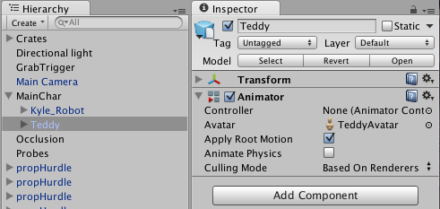 The child Teddy GameObject with its Animator Controller component set to no controller.