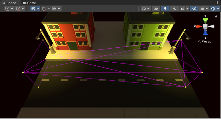 An example of poor Light Probe placement. A street scene has a street lamp at either end, and a set of four Light Probes next to each lamp. There are no Light Probes in the dark area between the two lamps, so the dark area isnt included in the interpolation.