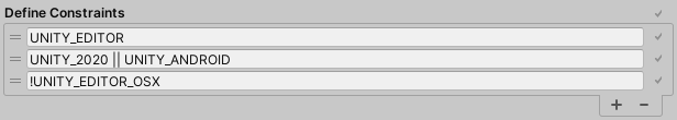 A list of preprocessor symbols configured in the Define Constraints section of the Assembly Definition importer Inspector window.