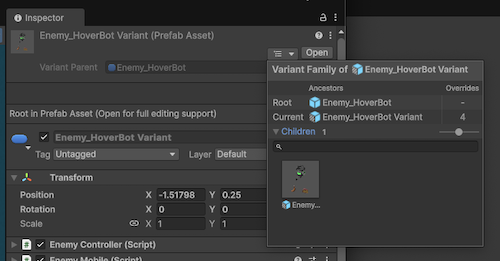 A selected prefab variants Inspector window, with a link to the variants parent. The menu dropdown displays details of the prefabs that inherit from this variant, and that the variant inherits from.