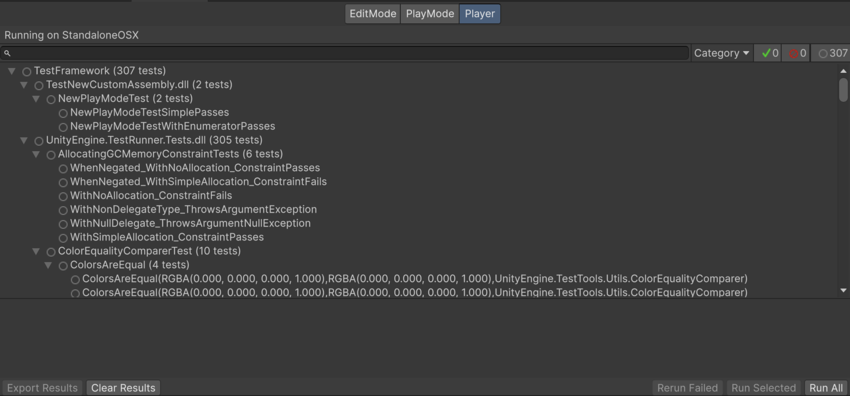 The Test Runner window with the Player tab selected, displaying the list of Play mode tests available to run in the Player.