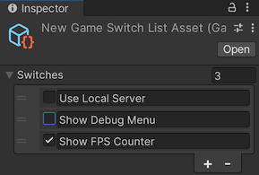 A list of custom switches, displayed in the Unity Editor.