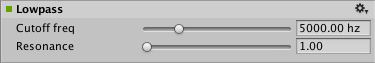 The AudioGroup Inspector displays the configurable properties of an Audio Low Pass Effect.