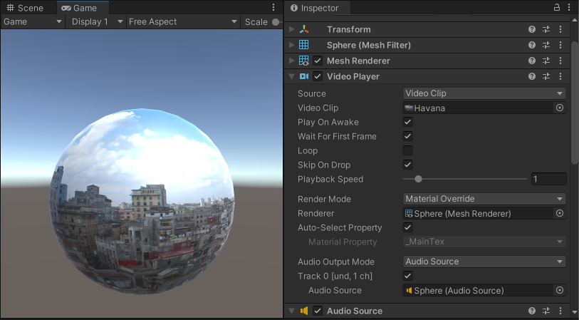 A Video Player component attached to a spherical GameObject. The Video Player plays the video clip on the GameObject’s main Texture (in this case, the Texture of the Mesh Renderer component).