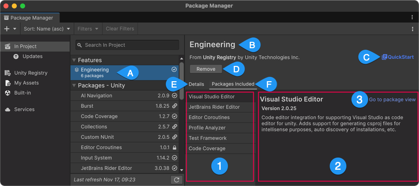 For a feature set, the details panel shows a brief description, a link to the QuickStart guide, and a list of included packages