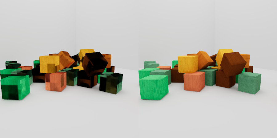 Severe artifacts on objects with missing lightmap UVs (left) compared to correctly authored lightmap UVs (right). 