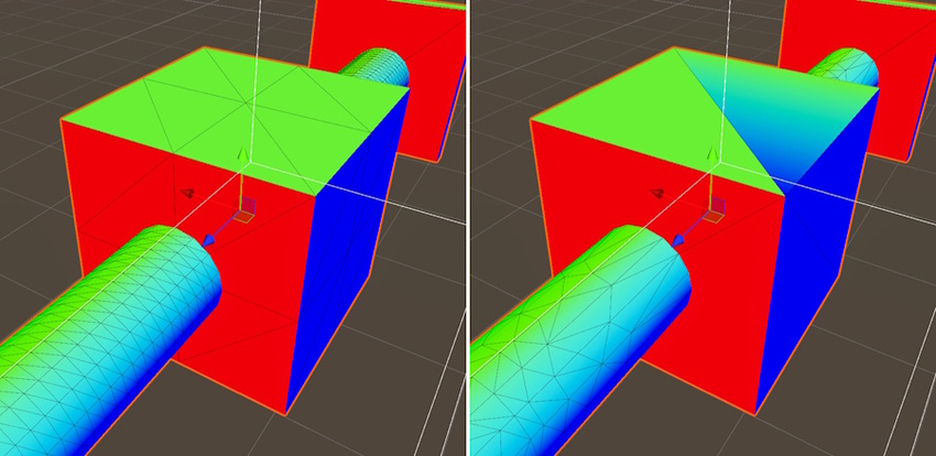 Left: normals in the original mesh. Right: normals in LOD2 generated with Mesh LOD.