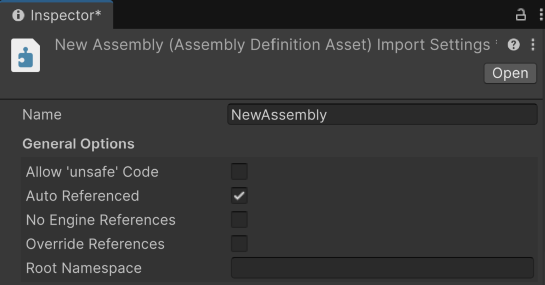 The Name and General sections of configurable properties in the Assembly Definition importer Inspector window.