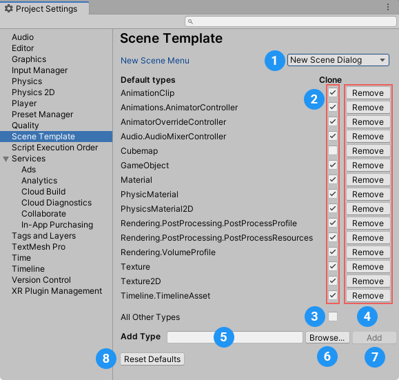 The Scene Template section of the Project settings window.
