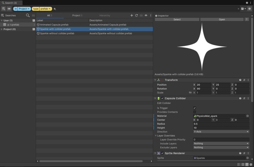 The Search window showing a saved query that finds prefabs in the Assets folder, and the Inspector tab for one of the results.