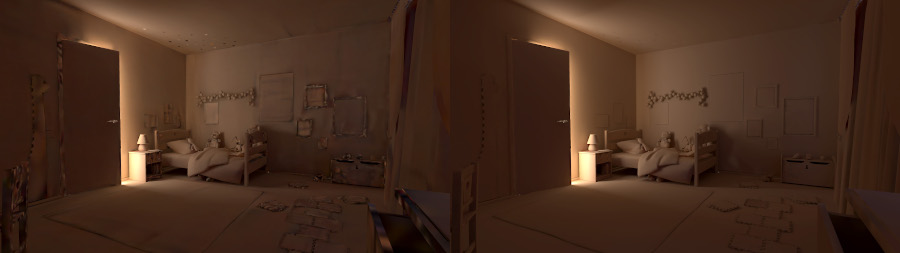 Severe artifacts with low sample counts (left); higher sample counts produce cleaner results (right)