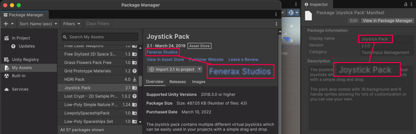 The publisher name in the Package Manager window (left) and the Display name in the Inspector window (right)